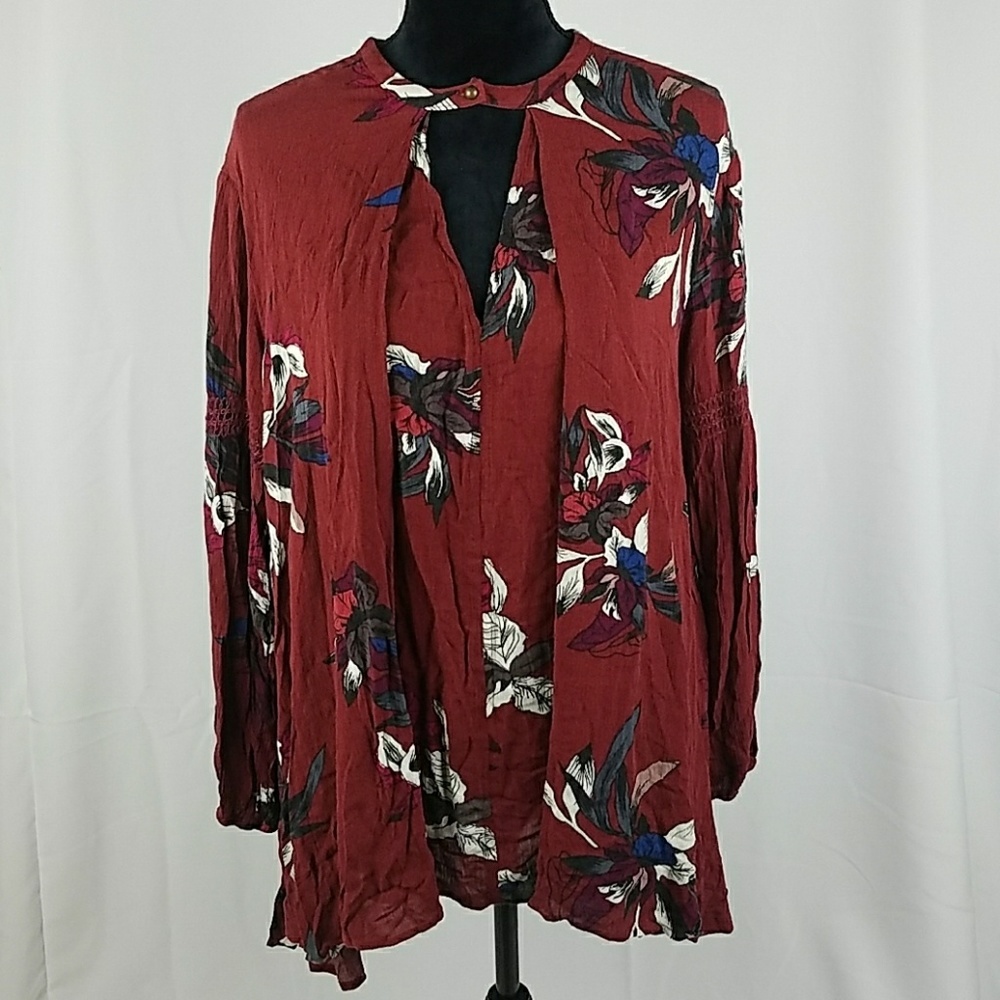 Free People women XS burgundy tree orchid swing lagenlook tunic long sleeve boho